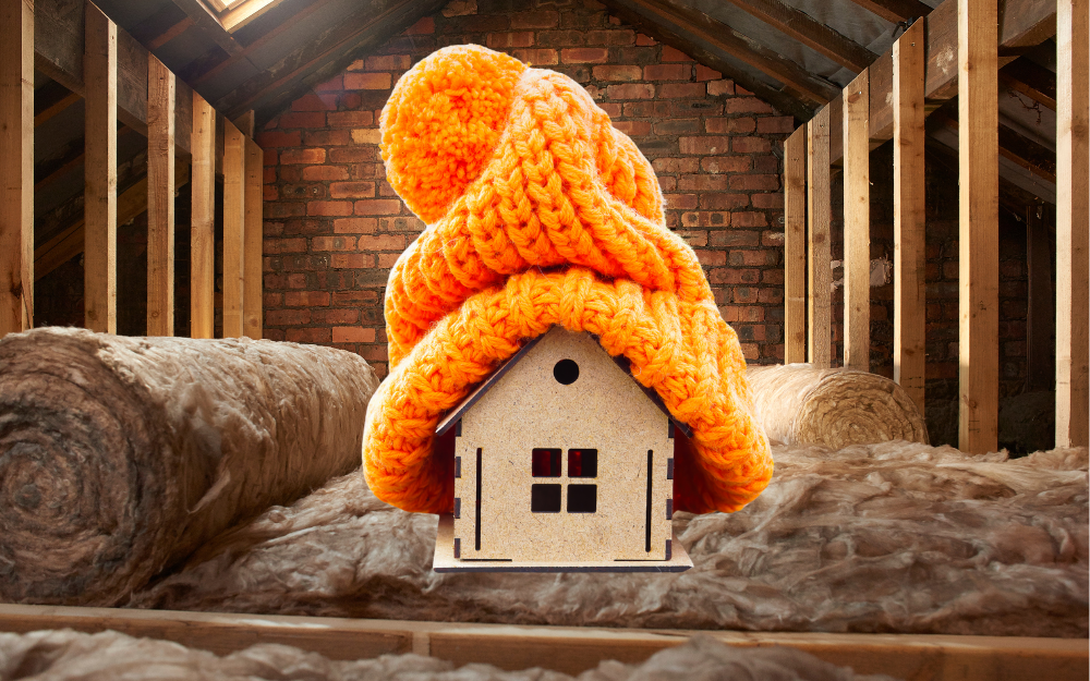 Small wooden house model sits on attic insulation; a bright orange knitted hat draped over the roof adds a cozy, whimsical touch.