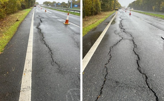 Two photos, looking in both directions, along a dual carriageway with a big crack stretching down one lane into the distance