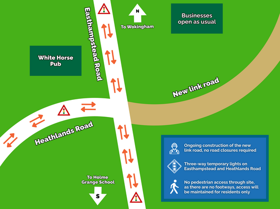 a diagram showing the first phase of the works, with traffic flowing normally but possibly delayed by temporary lights