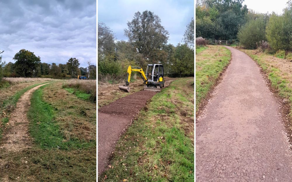 Pathway construction: before, mini excavator working on, and finished path.