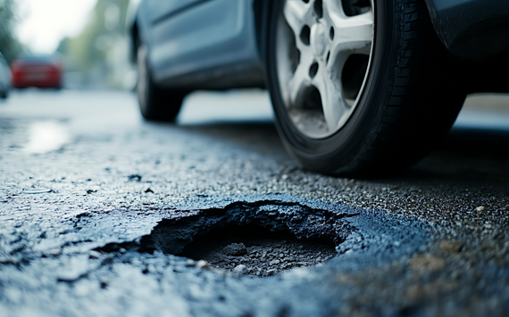 stock photograph, low angle of a car driving past a pothole in the road