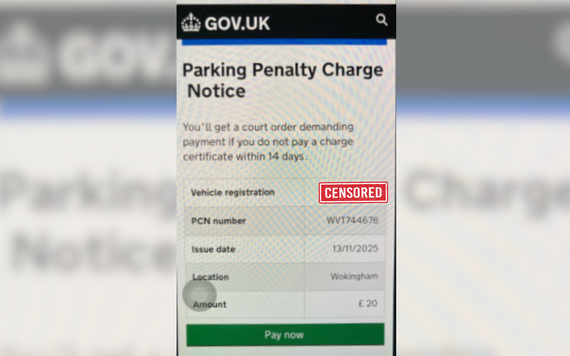 screenshot of a fake Government website that claims to be collecting a Wokingham parking fine, but is actually a scam