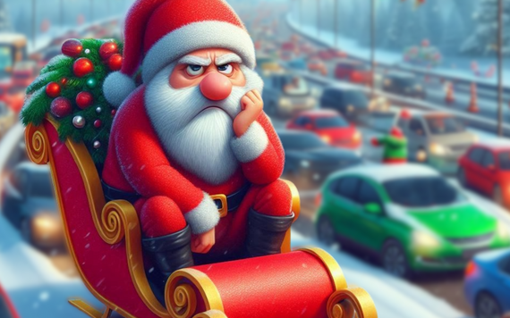 Cartoon of Santa sitting on his sleigh and looking glum while stuck in a huge queue of motorway traffic