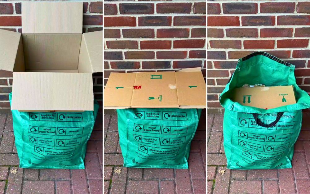 Three stages of cardboard being folded, flattened and placed in a green recycling bag