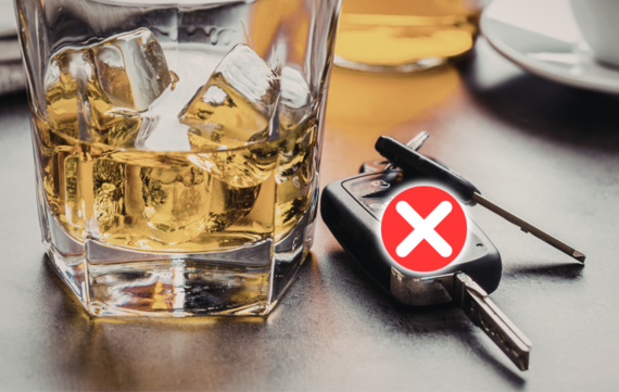 Anti drinking and driving image showing a glass of spirits and ice with car keys next to them, and a big red cross over the keys