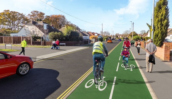 artist's impression of a new cycleway along the northern edge of Woodlands Avenue with a cyclist using it