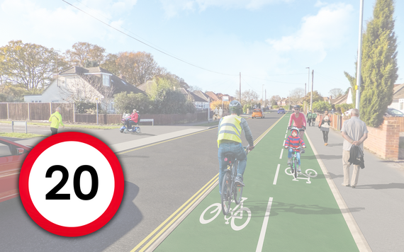 artist's impression of a segregated cycle lane running alongside a residential read, with a 20mph sign superimposed over it