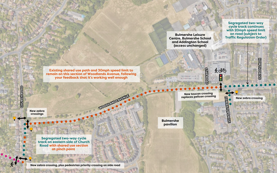 Diagram of the new active travel route on the western half of Woodlands Avenue in Woodley, as described in the text below it