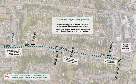 Diagram of the new active travel route on the eastern half of Woodlands Avenue in Woodley, as described in the text below it