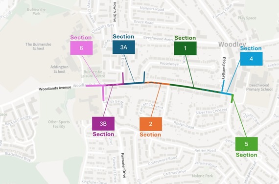 Map showing the numbered sections of work on Woodlands Avenue, as fully outlined in the article below this image
