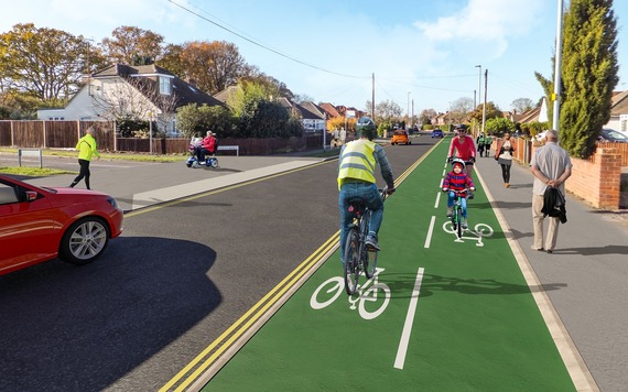 artist's impression of a segregated cycle lane running parallel to a residential street, with cyclists on it, plus crossings on side junctions