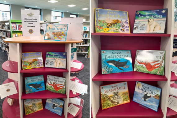 Display of donated Wild Tribe Heroes children’s eco‑books at Wokingham Library.