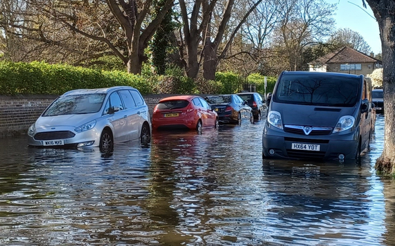 a line of parked cars surrounding by rising flood water on a street, with one car trying to drive through