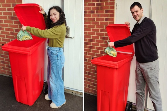 A two-image gallery showing two people using a red food waste wheelie bin