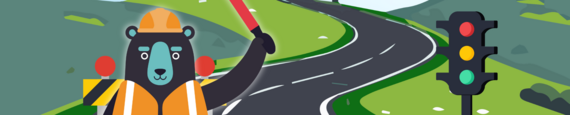 a cute cartoon bear in high vis holding up traffic at a temporary red light