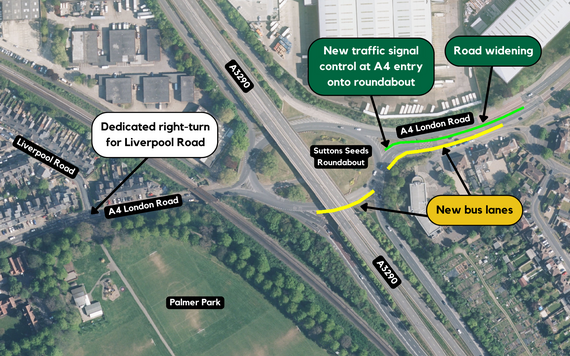 Diagram showing the proposal to improve the A4 at Suttons Seeds Roundabout, as described in the article below