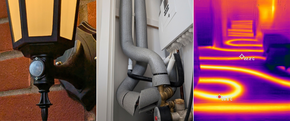 Retrofitting image - examples of light sensors, thermal imagery of underfloor heating and insulation.