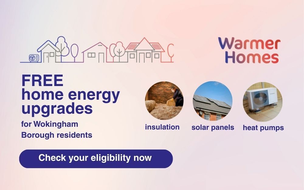 Graphic promoting free home energy upgrades for Wokingham Borough residents, including insulation, solar panels and heat pumps