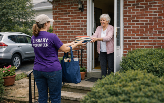 A Volunteer meeting a home library service customer