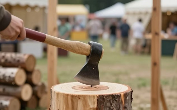 Close up of an axe in wood