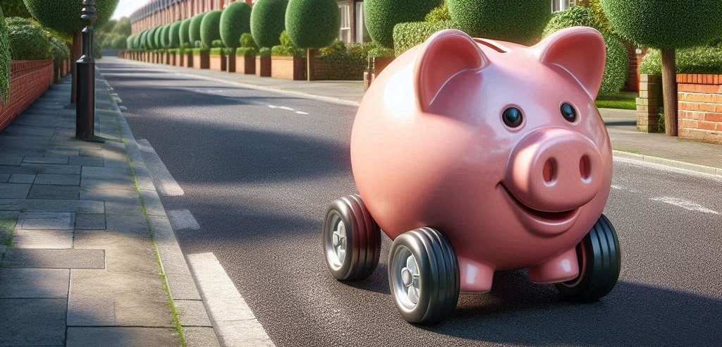 computer generated graphic of a piggybank on wheels driving down a suburban street