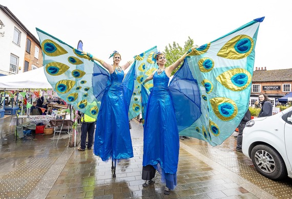 two women on stilts, dressed as peacocks with big wings behind them, on a closed street for Wokingham May Fayre