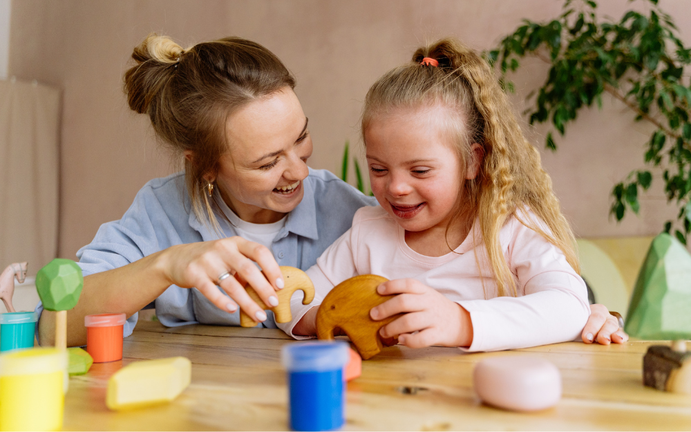 Mother and daughter playing with toys