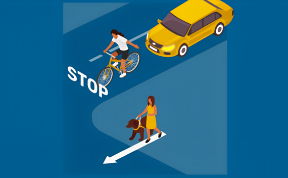 computer graphic showing a cyclist and a car stopping at a junction, waiting for a pedestrian to cross before turning