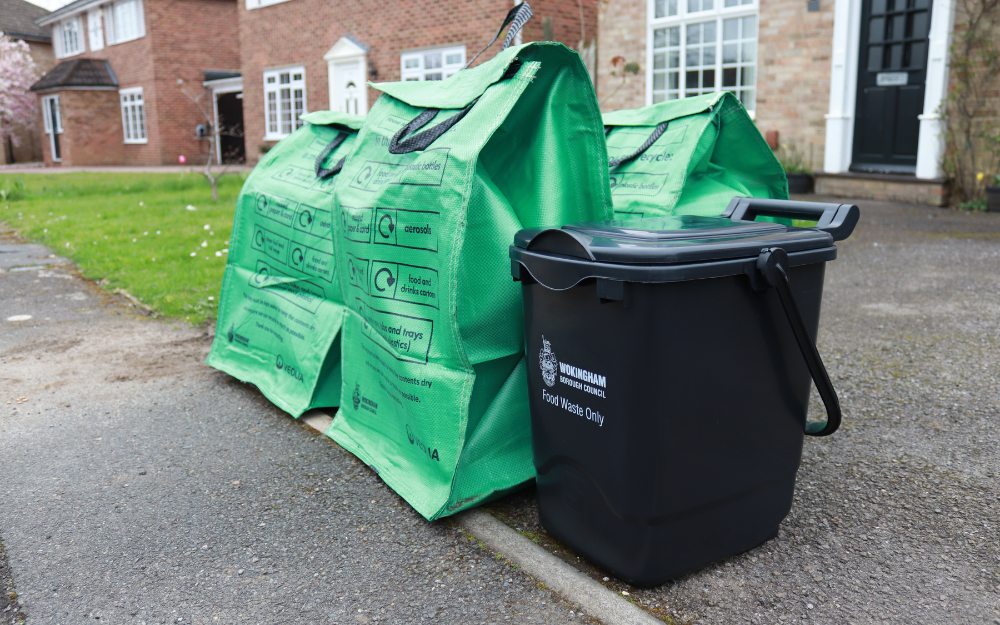 Recycling bags and food waste caddies at the kerbside