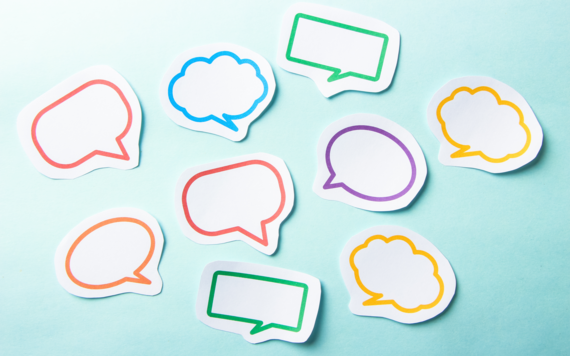 speech bubbles and though bubbles on a turquoise background