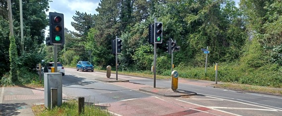 Pedestrian's eye view of a light controlled crossing across a road with trees on either side