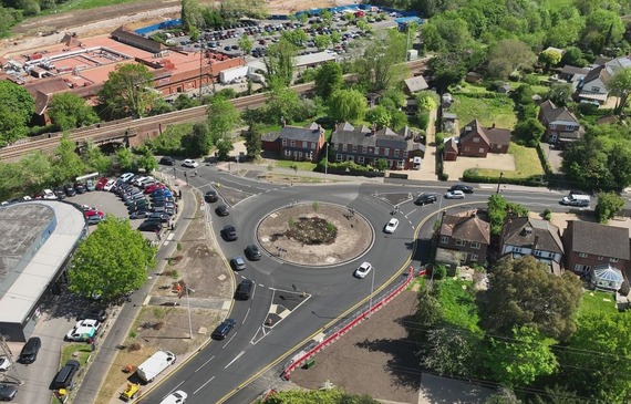 aerial view of the new full-size roundabout at the junction of Molly Millars Lane and Finchampstead Road