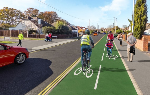 artist's impression of a cycleway along the northern edge of Woodlands Avenue, being used by a cyclist