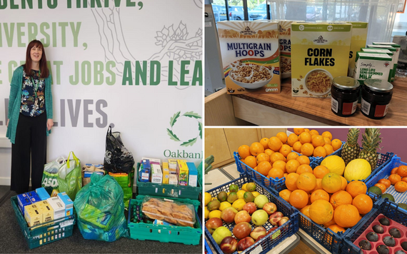 Share Shinfield, on the left a volunteer with baskets of food, on the right, breakfast foods including cereals and fruit