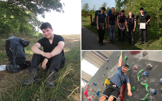 A photo of Jack on his expedition, with his group and an image of him climbing