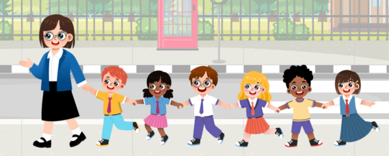 cartoon of a teacher leading seven children on a walk along a pretty street