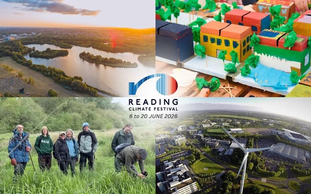 Reading Climate Festival collage with Dinton Pastures aerial view, community walk, workshop models and Green Park wind turbine.