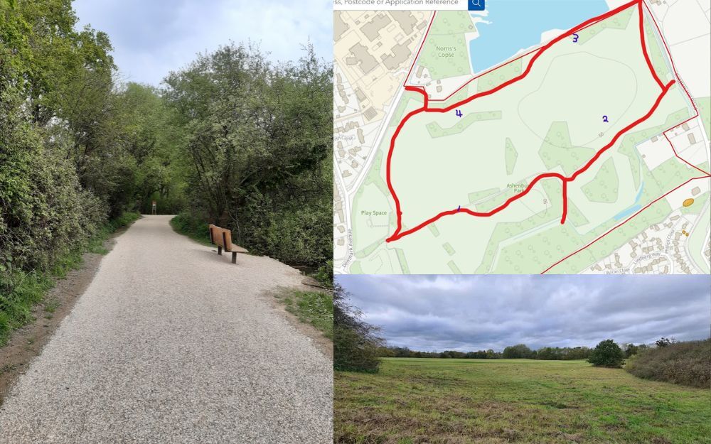 Ashenbury Park paths example with gravel surface, route map showing new circular paths and open green space within the park.