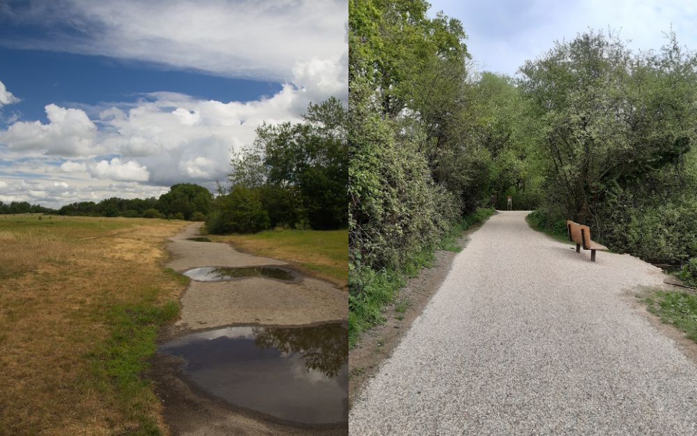 Before and after of Ashenbury Park path, showing a muddy track with puddles and a new wide gravel path with seating
