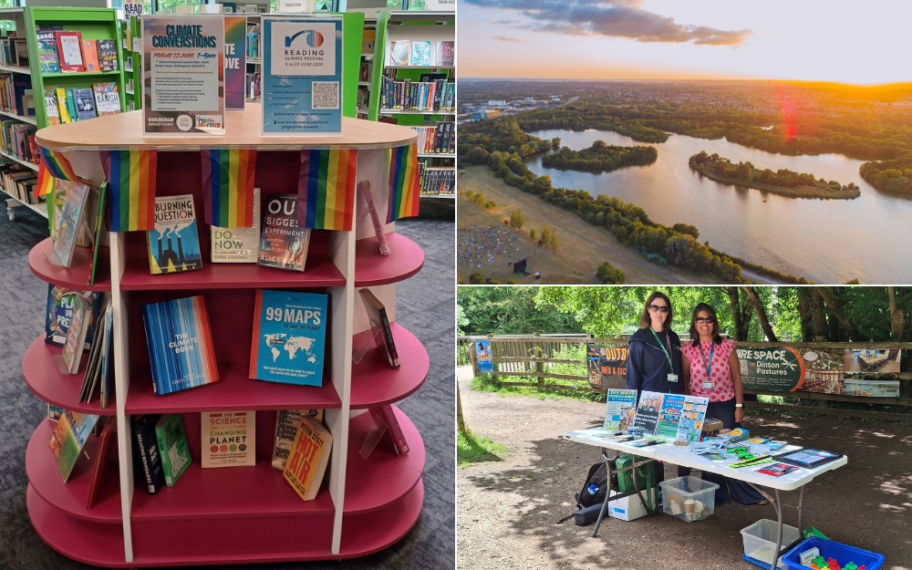 Climate Festival display at Wokingham Library, Dinton Pastures outreach stall, and aerial view of lakes at sunset