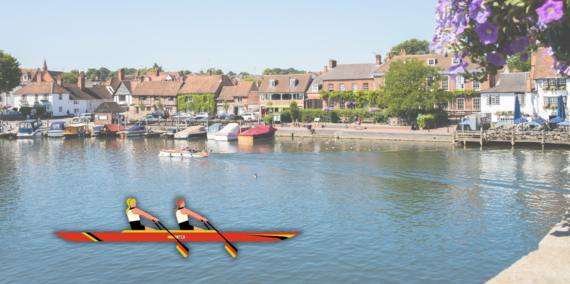 a photograph of the River Thames at Henley with a graphic of two female rowers