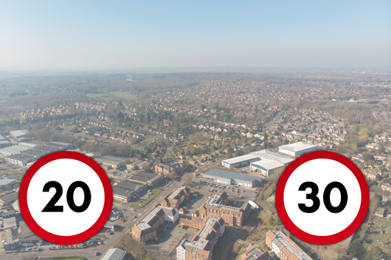 aerial view of Wokingham Borough with 20mph and 30mph signs superimposed