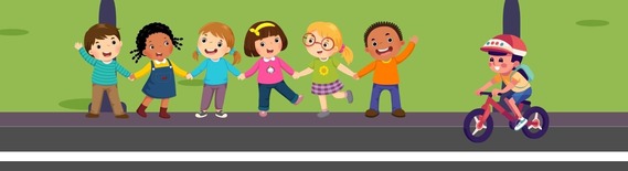 banner graphic showing children walking down a street holding hands, with another riding a bike alongside