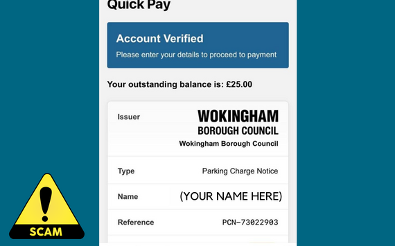 a screenshot showing a scam parking ticket that was texted to a Wokingham Borough resident