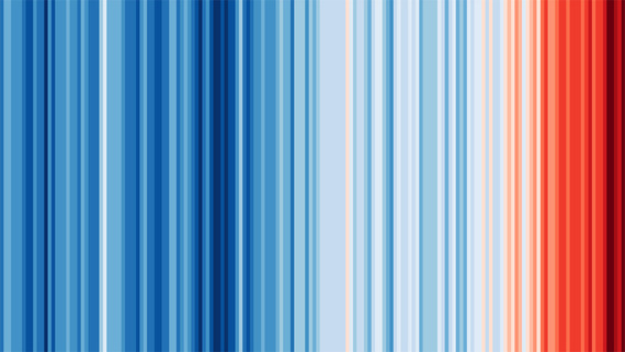 Climate stripes showing temperatures changing from cooler blue years to warmer red years.