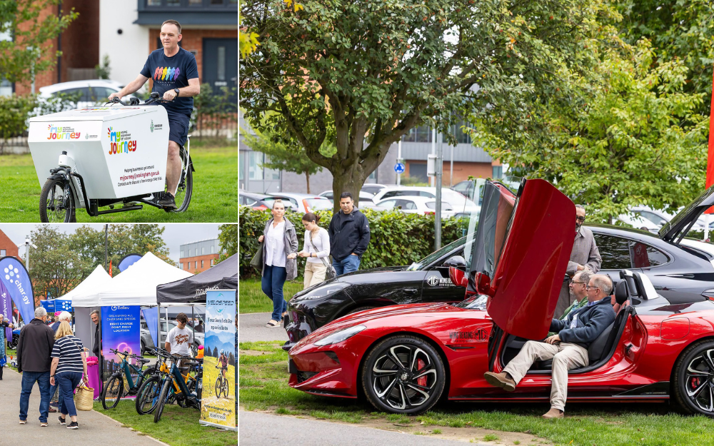 Collage showing an electric vehicle, e-cargo bike and e-bike stalls at a previous rEVolution event.