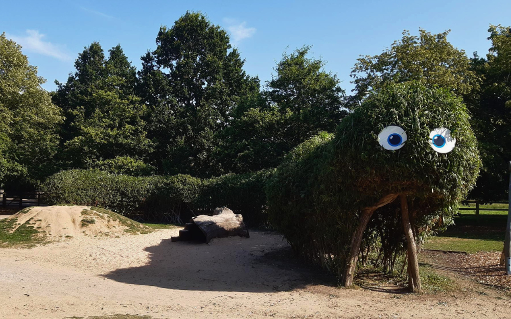 Living willow caterpillar with large googly eyes in the nature play area at Dinton Pastures
