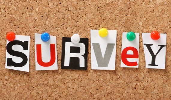 A pinboard with cut out letters spelling 'survey'