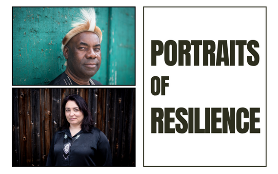 Portraits of Resilience logo in bold black wording with photos of two people
