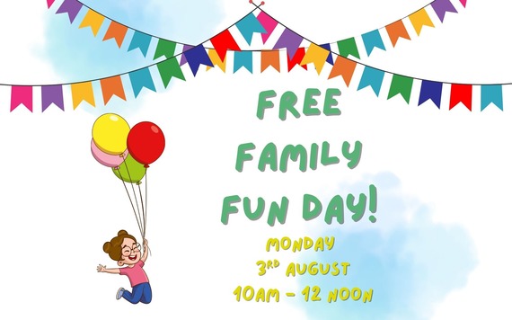 Family Fun Day wording with colourful bunting and a cartoon child holding a balloon